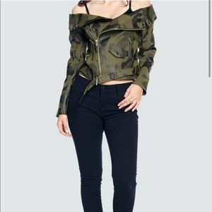 Faux leather off shoulder camo jacket